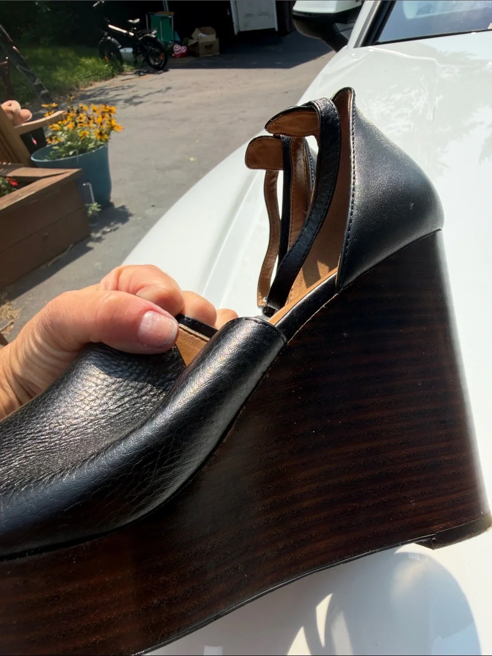 Coach ~ Jade Tumbled Black Leather Wood Wedge Sandals New Ankle Strap Sz 8.5